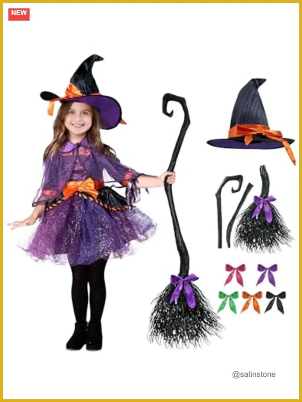 Kids Witch Costume Set with Hat Dress Cape Belt Broom - Halloween